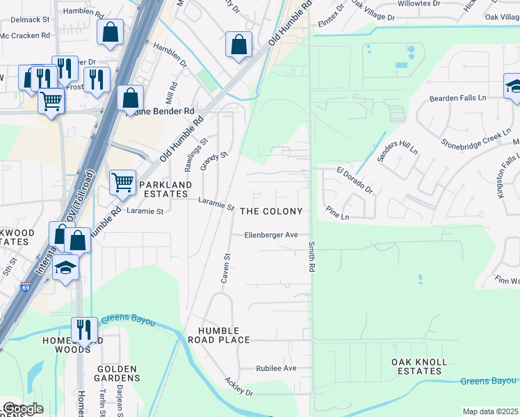 map of restaurants, bars, coffee shops, grocery stores, and more near 6602 Colony Lane in Humble