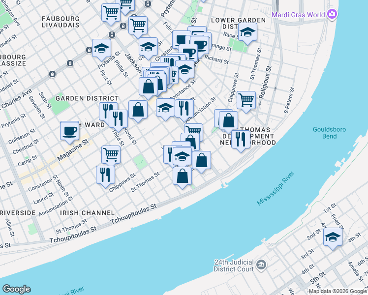 map of restaurants, bars, coffee shops, grocery stores, and more near 2317 Saint Thomas Street in New Orleans