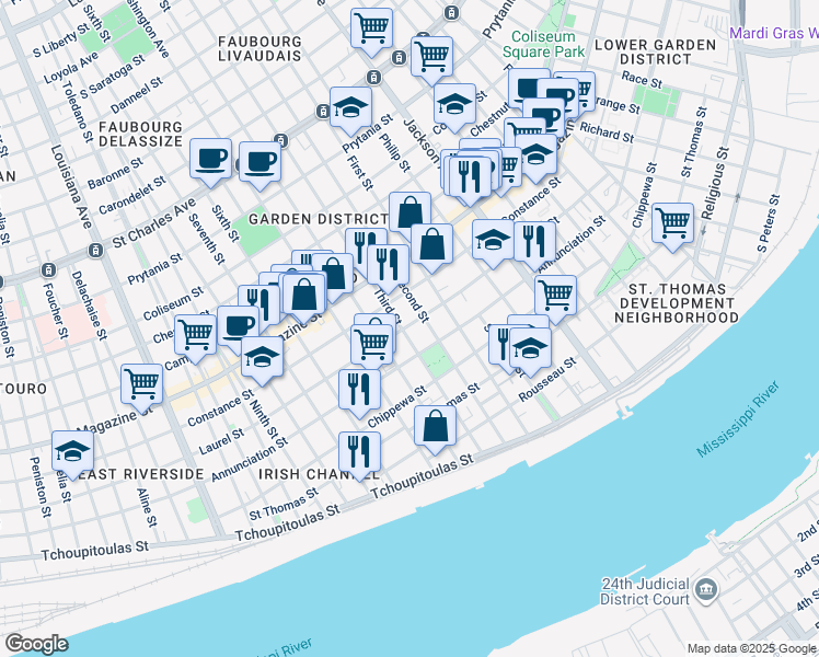 map of restaurants, bars, coffee shops, grocery stores, and more near 824 Third Street in New Orleans