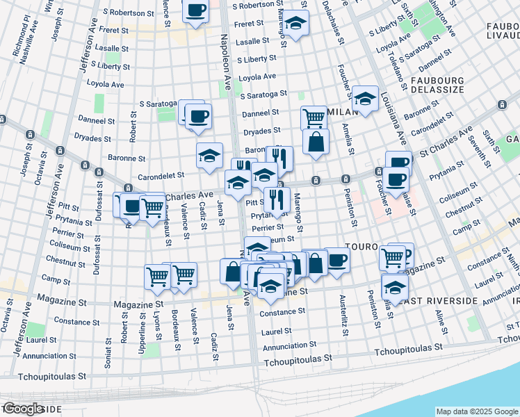 map of restaurants, bars, coffee shops, grocery stores, and more near 1321 General Pershing Street in New Orleans
