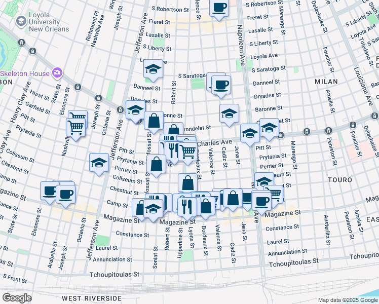 map of restaurants, bars, coffee shops, grocery stores, and more near 4932 Prytania Street in New Orleans