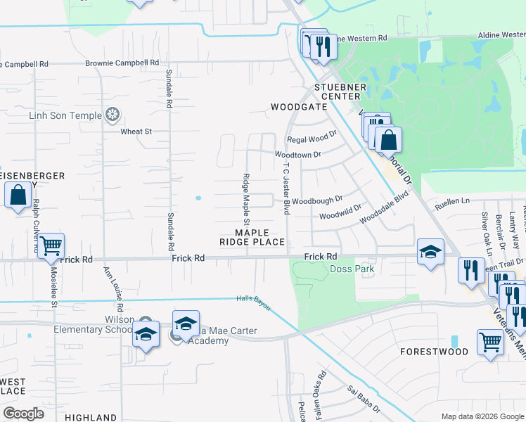 map of restaurants, bars, coffee shops, grocery stores, and more near 2710 Lofty Elm Street in Houston
