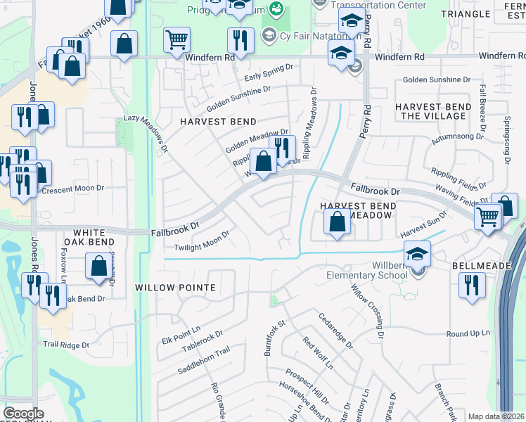 map of restaurants, bars, coffee shops, grocery stores, and more near 10826 Golden Grain Drive in Houston