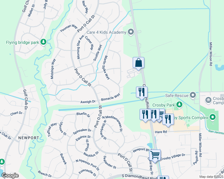 map of restaurants, bars, coffee shops, grocery stores, and more near 306 Mako Court in Crosby