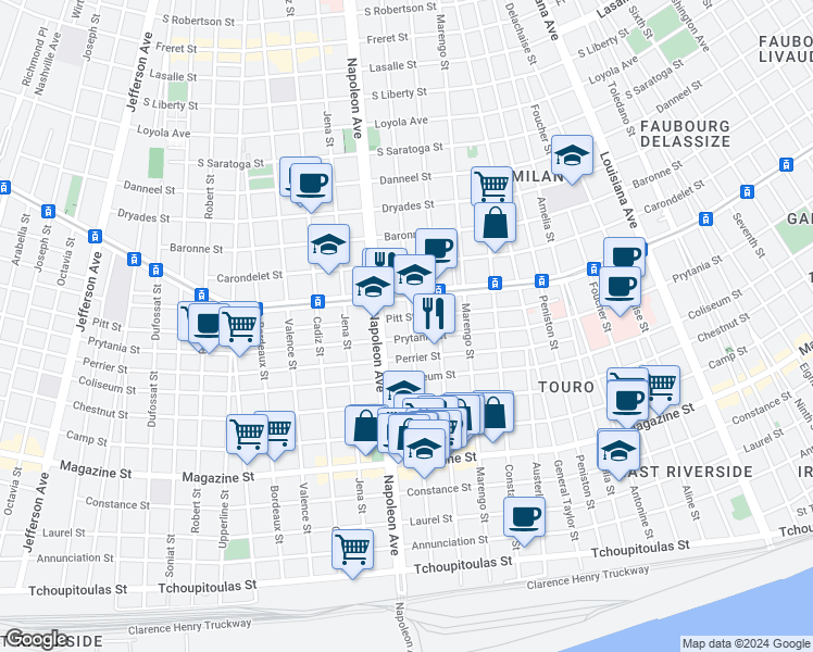 map of restaurants, bars, coffee shops, grocery stores, and more near 1321 General Pershing Street in New Orleans