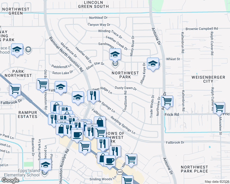 map of restaurants, bars, coffee shops, grocery stores, and more near 6831 Deer Ridge Lane in Houston