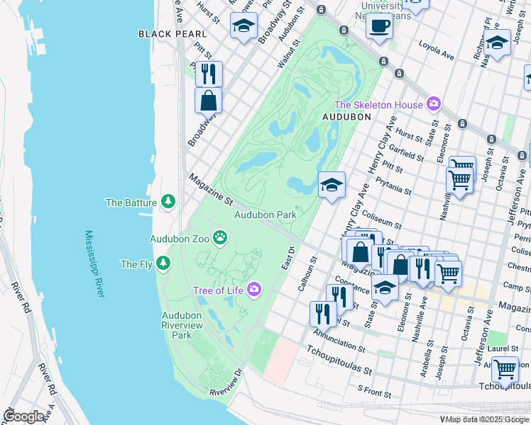 map of restaurants, bars, coffee shops, grocery stores, and more near 6500 Magazine Street in New Orleans