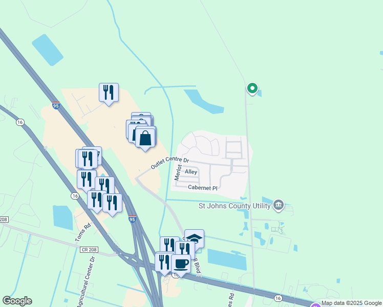 map of restaurants, bars, coffee shops, grocery stores, and more near 253 Syrah Way in St. Augustine