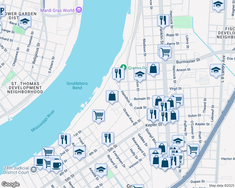 map of restaurants, bars, coffee shops, grocery stores, and more near 358 Hamilton Street in Gretna