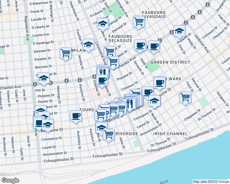 map of restaurants, bars, coffee shops, grocery stores, and more near 1304 Louisiana Avenue in New Orleans