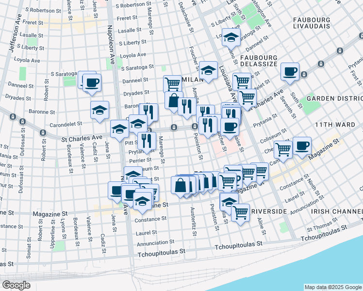 map of restaurants, bars, coffee shops, grocery stores, and more near 1308 General Taylor in New Orleans