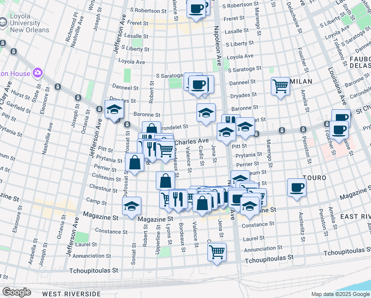 map of restaurants, bars, coffee shops, grocery stores, and more near 4631 Prytania Street in New Orleans