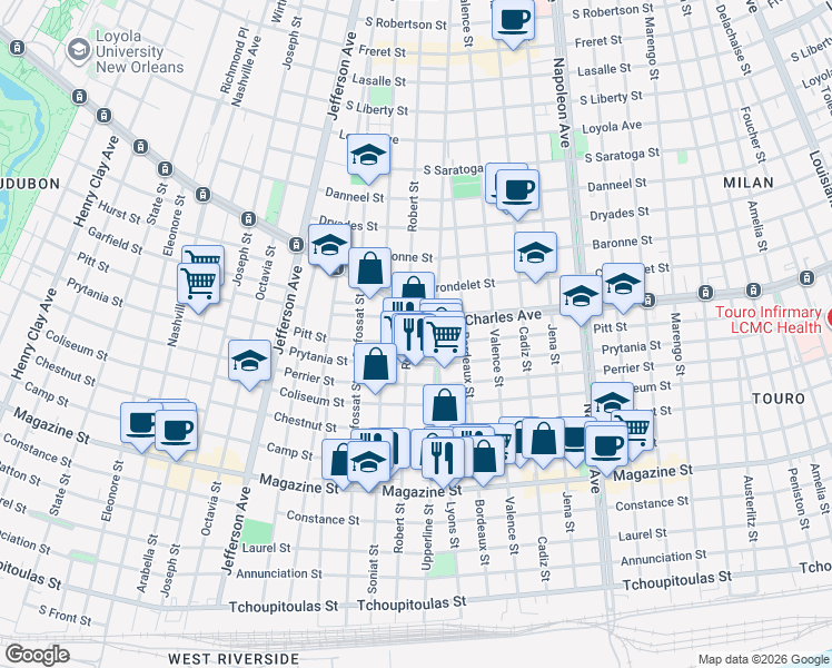 map of restaurants, bars, coffee shops, grocery stores, and more near 4932 Prytania Street in New Orleans