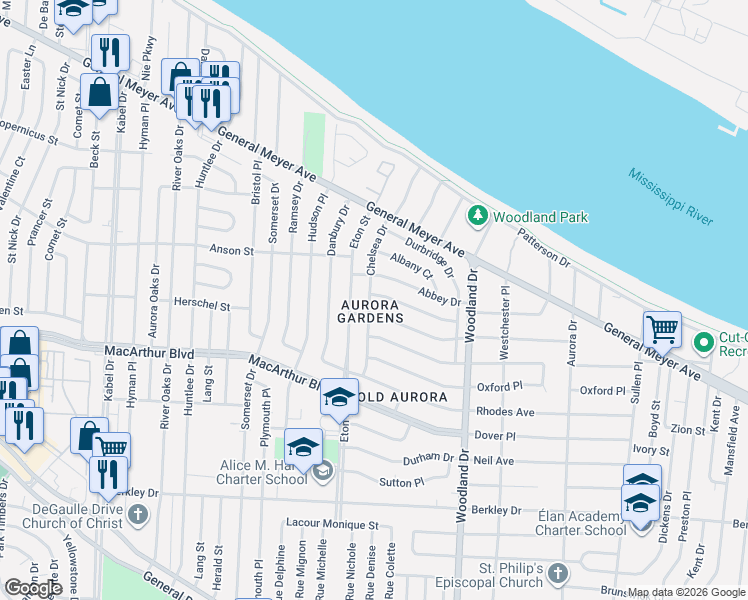 map of restaurants, bars, coffee shops, grocery stores, and more near 2801 Chelsea Drive in New Orleans