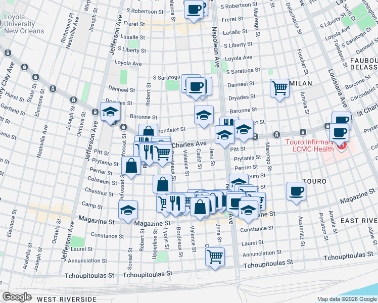 map of restaurants, bars, coffee shops, grocery stores, and more near 1503 Valence Street in New Orleans