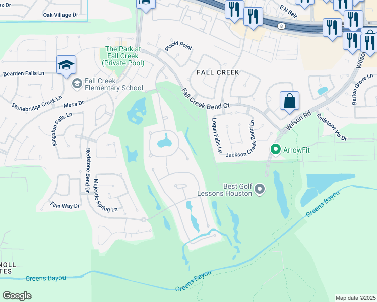 map of restaurants, bars, coffee shops, grocery stores, and more near 14203 Megans Falls Court in Humble
