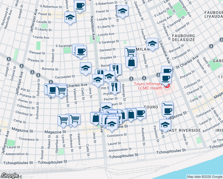 map of restaurants, bars, coffee shops, grocery stores, and more near 1321 General Pershing Street in New Orleans