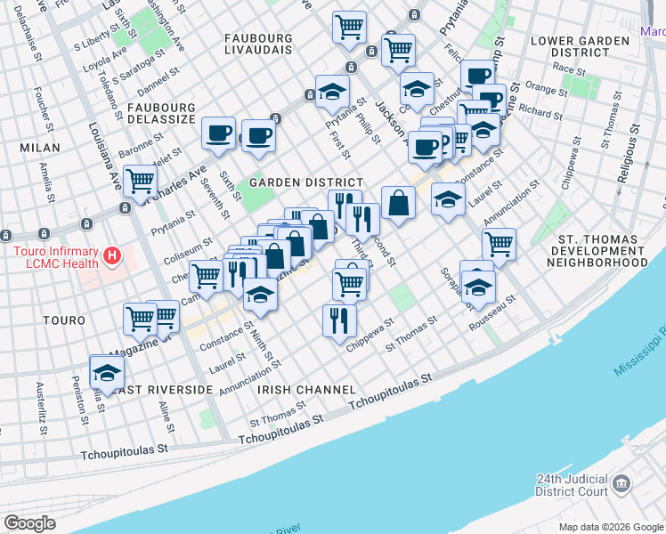 map of restaurants, bars, coffee shops, grocery stores, and more near 2725 Constance Street in New Orleans