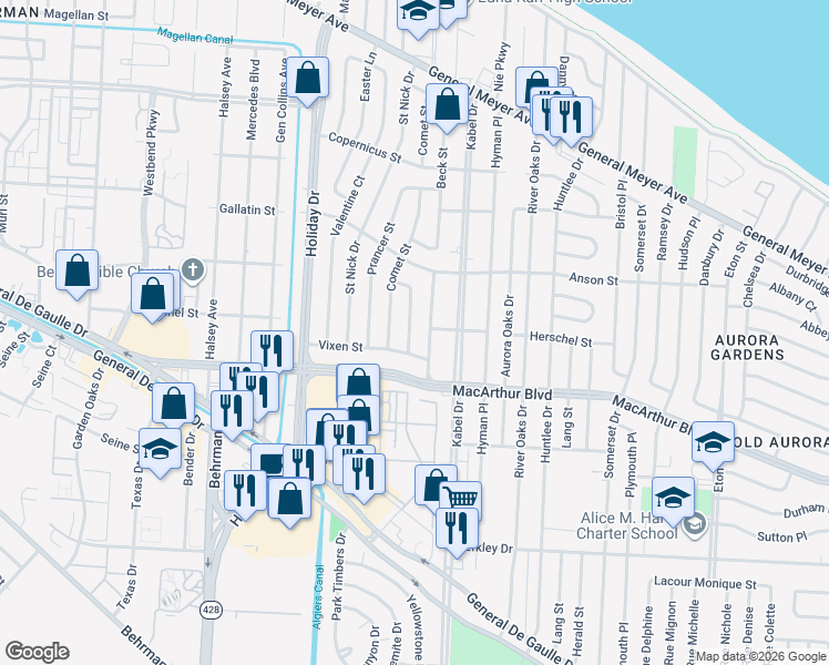 map of restaurants, bars, coffee shops, grocery stores, and more near 2734 Cupid Street in New Orleans