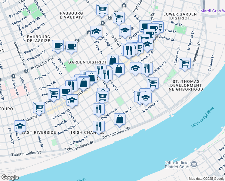 map of restaurants, bars, coffee shops, grocery stores, and more near 824 Third Street in New Orleans