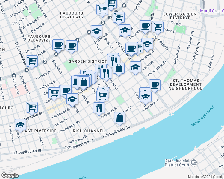 map of restaurants, bars, coffee shops, grocery stores, and more near 824 Third Street in New Orleans
