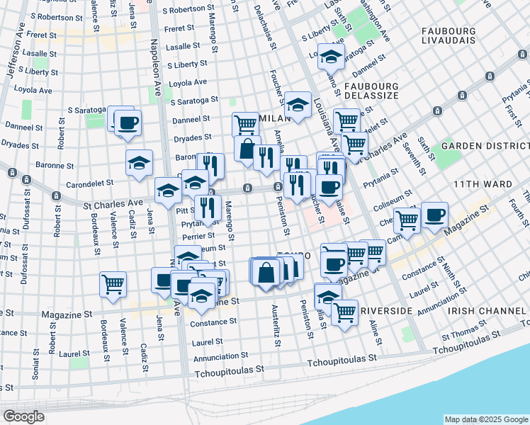 map of restaurants, bars, coffee shops, grocery stores, and more near 1308 General Taylor in New Orleans