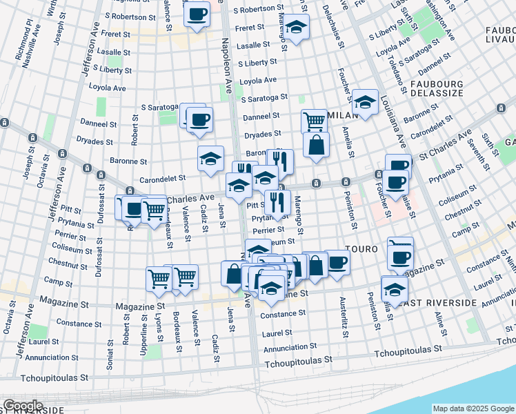 map of restaurants, bars, coffee shops, grocery stores, and more near 1321 General Pershing Street in New Orleans