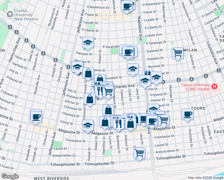 map of restaurants, bars, coffee shops, grocery stores, and more near 1419 Bordeaux Street in New Orleans