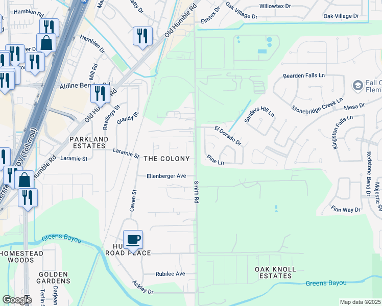 map of restaurants, bars, coffee shops, grocery stores, and more near 6718 Colony Lane in Humble