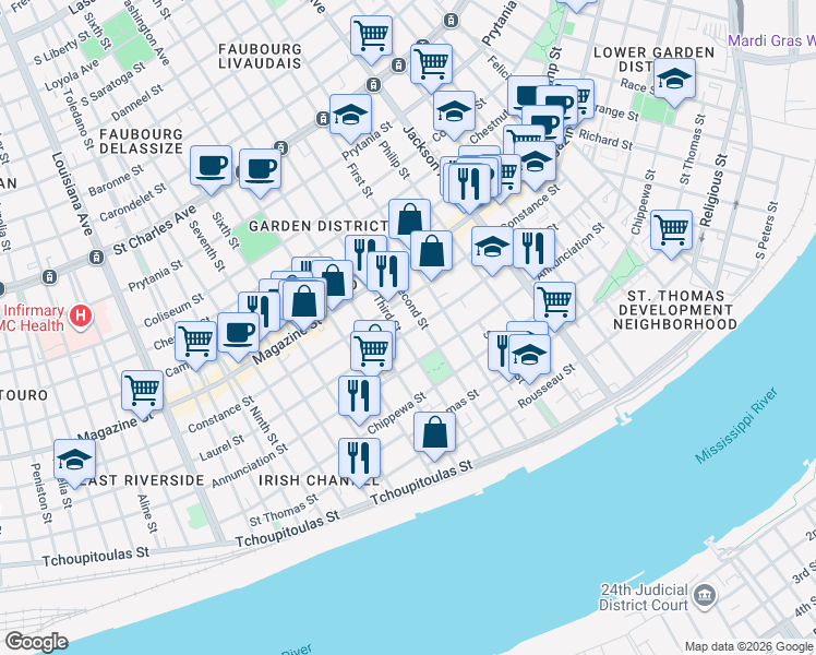 map of restaurants, bars, coffee shops, grocery stores, and more near 824 Third Street in New Orleans