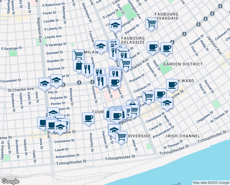 map of restaurants, bars, coffee shops, grocery stores, and more near 1401 Foucher Street in New Orleans