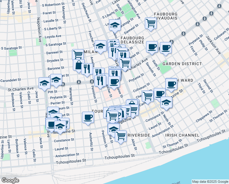 map of restaurants, bars, coffee shops, grocery stores, and more near 1401 Foucher Street in New Orleans