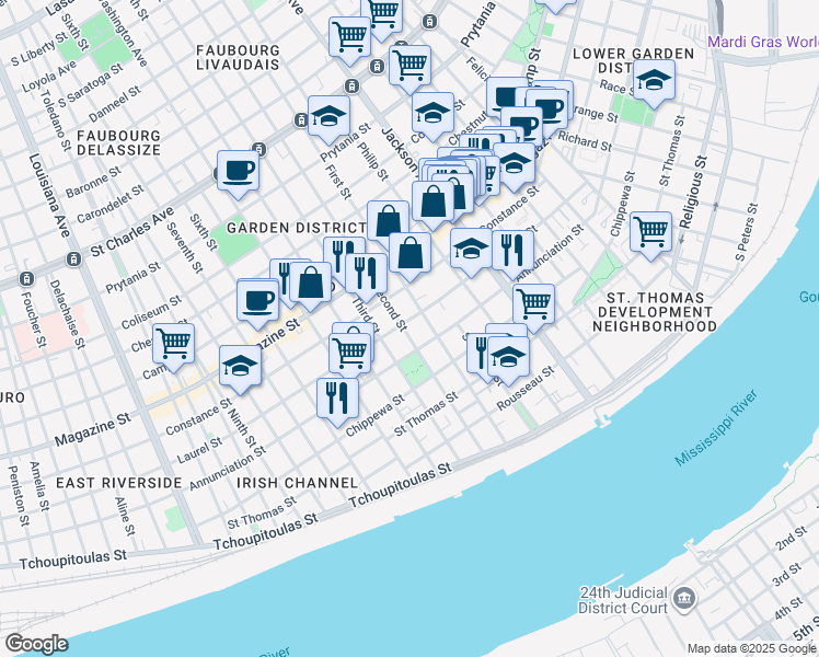 map of restaurants, bars, coffee shops, grocery stores, and more near 833 Second Street in New Orleans