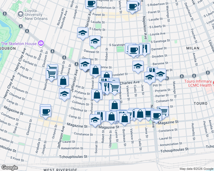 map of restaurants, bars, coffee shops, grocery stores, and more near 1517 Robert Street in New Orleans