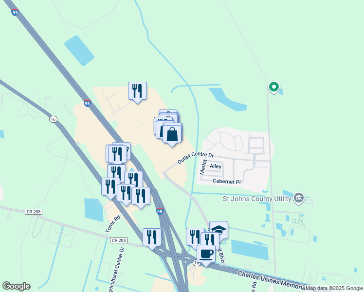 map of restaurants, bars, coffee shops, grocery stores, and more near 470 Prime Outlets Boulevard in St. Augustine