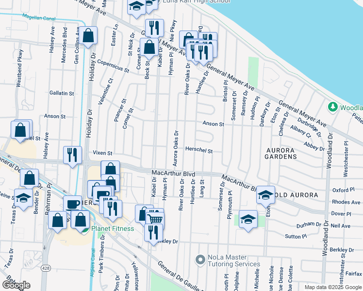 map of restaurants, bars, coffee shops, grocery stores, and more near 537 Aurora Oaks Drive in New Orleans