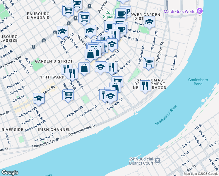 map of restaurants, bars, coffee shops, grocery stores, and more near 2224 Annunciation Street in New Orleans