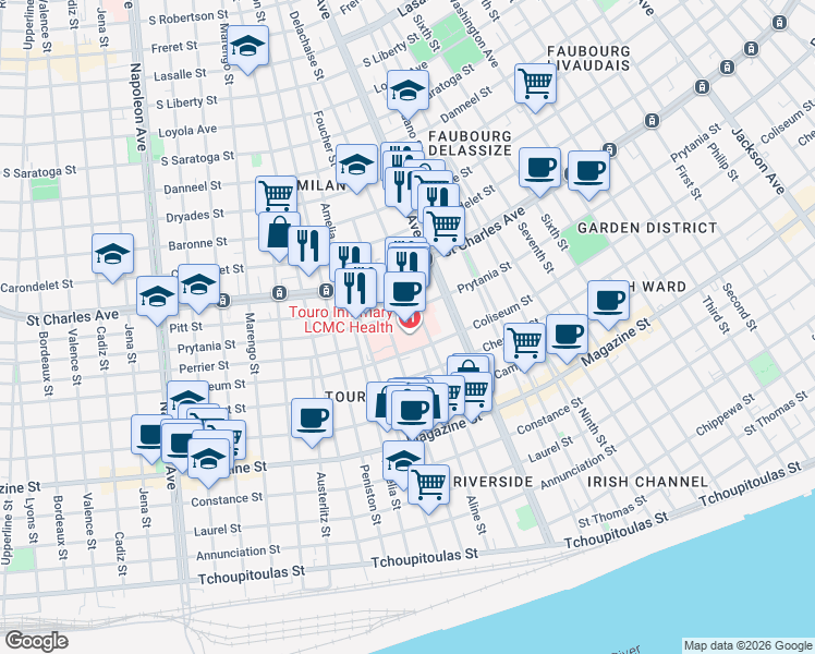map of restaurants, bars, coffee shops, grocery stores, and more near 3527 Prytania Street in New Orleans