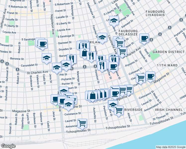 map of restaurants, bars, coffee shops, grocery stores, and more near 3820 Saint Charles Avenue in New Orleans