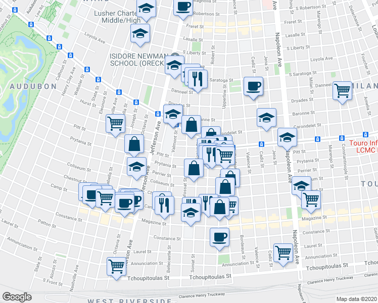 map of restaurants, bars, coffee shops, grocery stores, and more near 2 Blanc Place in New Orleans