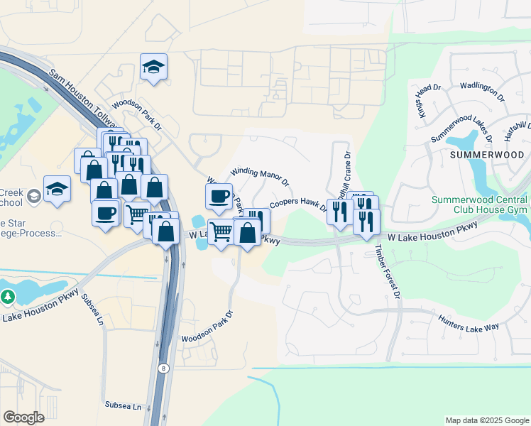 map of restaurants, bars, coffee shops, grocery stores, and more near 12715 Coopers Hawk Drive in Houston