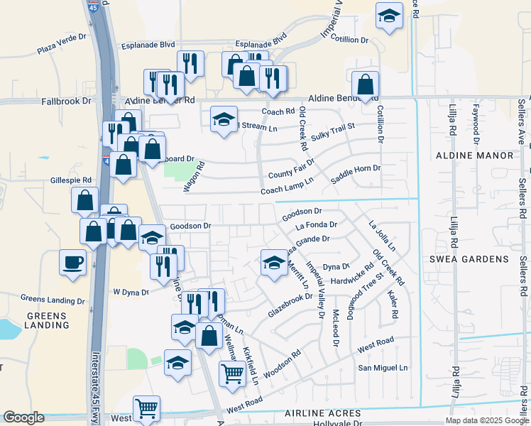 map of restaurants, bars, coffee shops, grocery stores, and more near 186 Coach Lamp Lane in Houston
