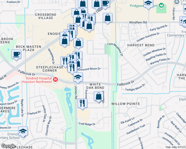 map of restaurants, bars, coffee shops, grocery stores, and more near 10643 Buffalo Bend Drive in Houston