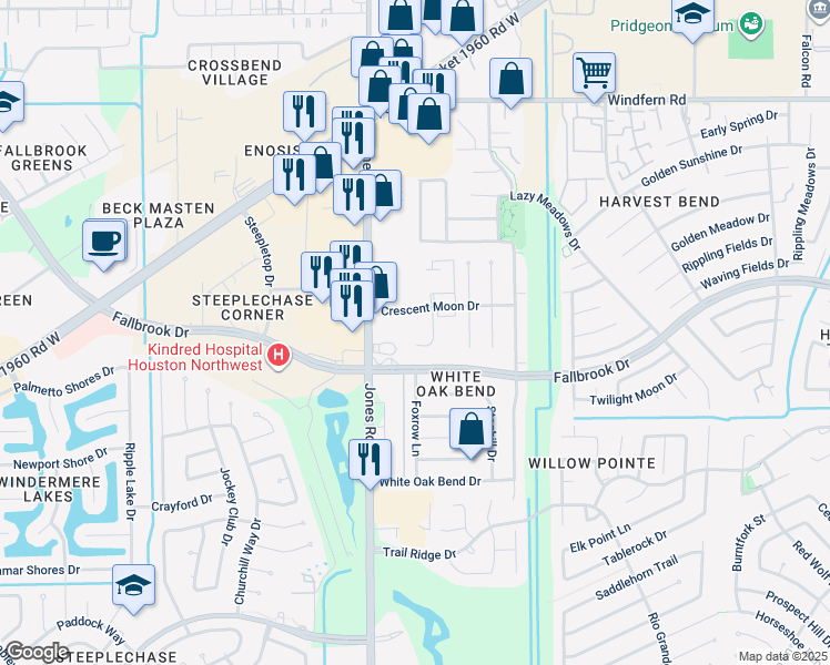 map of restaurants, bars, coffee shops, grocery stores, and more near Crescent Moon Drive in Houston