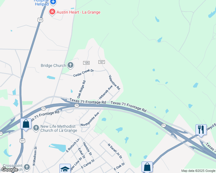 map of restaurants, bars, coffee shops, grocery stores, and more near 2435 Valentine Road in La Grange