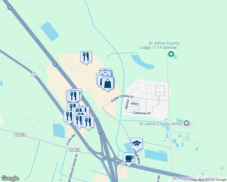 map of restaurants, bars, coffee shops, grocery stores, and more near 20 Mars Way in St. Augustine