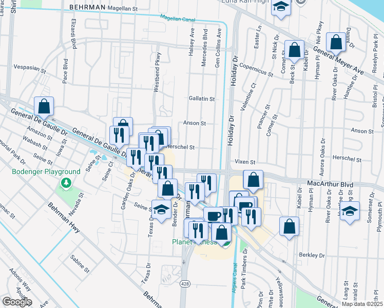map of restaurants, bars, coffee shops, grocery stores, and more near 3819 Herschel Street in New Orleans