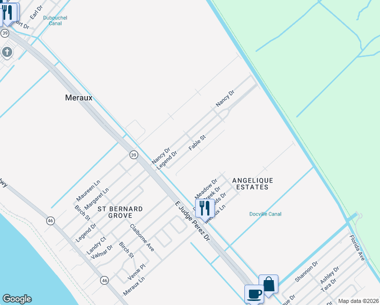 map of restaurants, bars, coffee shops, grocery stores, and more near 2917 Legend Street in Meraux