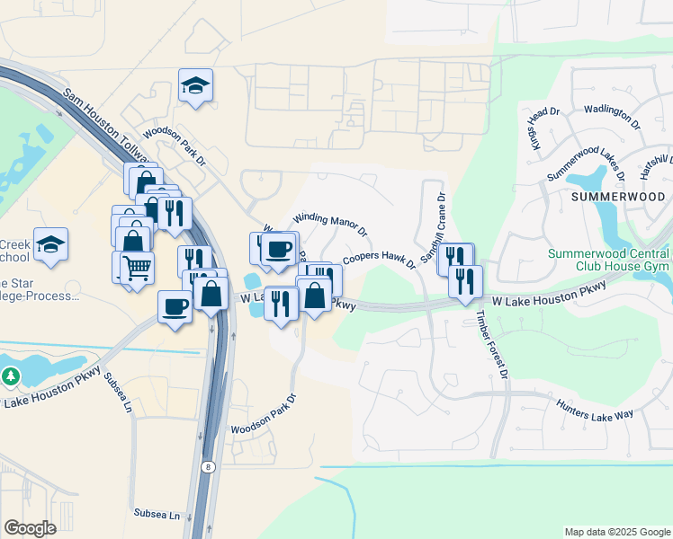 map of restaurants, bars, coffee shops, grocery stores, and more near 12715 Coopers Hawk Drive in Houston