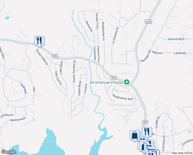 map of restaurants, bars, coffee shops, grocery stores, and more near 1095 Lonesome in Canyon Lake
